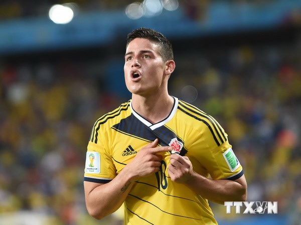 rung vệ James Rodriguez vui mừng sau khi ghi bàn thắng thứ tư trước đội tuyển Nhật Bản. (Nguồn: AFP/TTXVN)