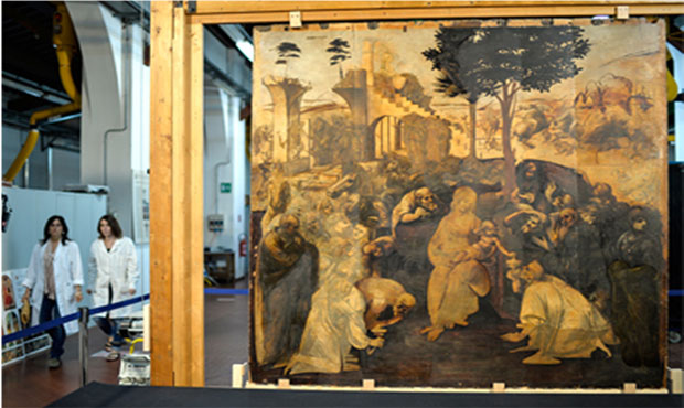 Bức tranh “Adoration of the Magi” của Leonardo da Vinci trong khuôn viên phục chế Opificio delle Pietre Dure. 