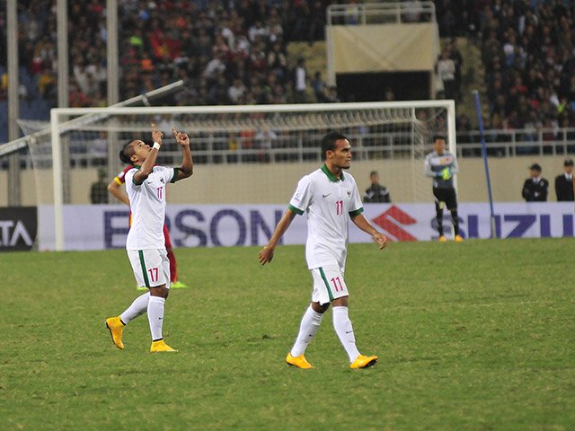 Cầu thủ Indonesia ăn mừng bàn thắng gỡ hòa 1-1.