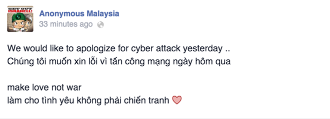 Lời xin lỗi từ nhóm hacker Anonymous Malaysia. 