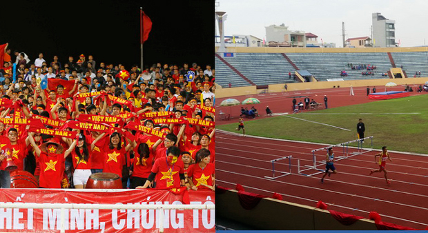Sự trái ngược giữa khán đài sân Mỹ Đình ở giải AFF Cup và Đại hội TDTT toàn quốc lần thứ VII diễn ra tại Nam Định.Ảnh: Thethaovanhoa.vn