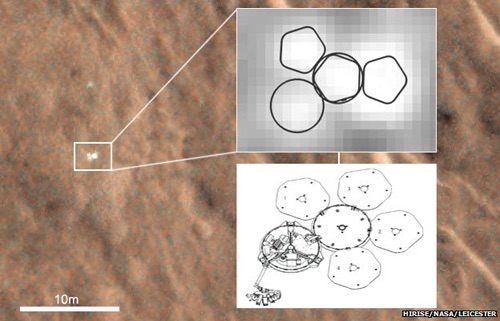 Vị trí Beagle 2 được tìm thấy trên bề mặt sao Hỏa và chưa mở hoàn toàn các tấm pin năng lượng Mặt Trời. Ảnh: NASA