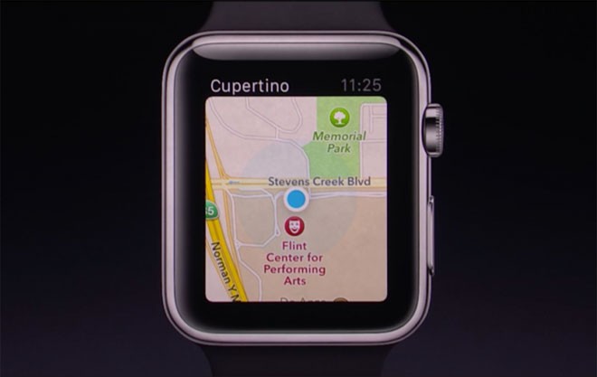 Trong Apple Watch còn có ứng dụng bản đồ Apple Maps. Người dùng có thể dùng nút Crown để phóng to.