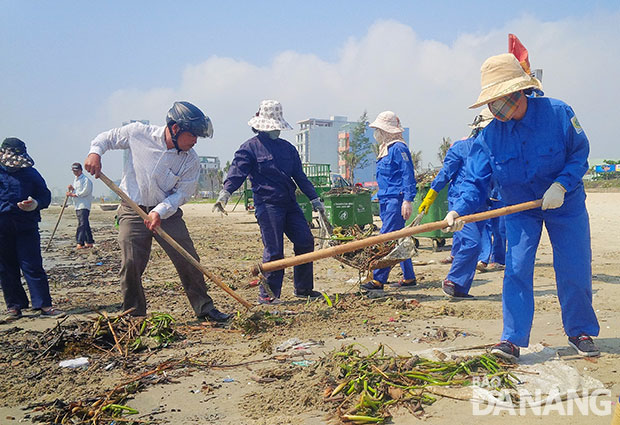 Hàng trăm tấn rác tấp vào bờ biển Đà Nẵng được công nhân khẩn trương dọn dẹp.
