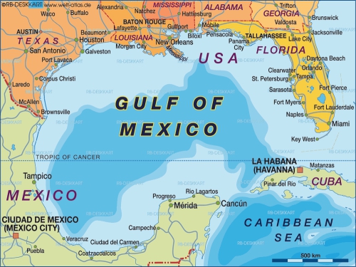 Vịnh Campeche nằm ở khúc uốn cong phía nam vịnh Mexico. Đồ hoạ: welt-atlas