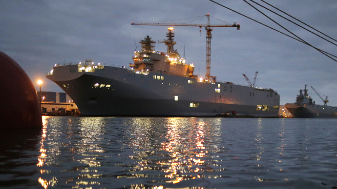 Tàu chiến chở trực thăng Mistral do Pháp đóng theo hợp đồng của Nga nhưng sẽ không được chuyển giao cho Moscow. Ảnh: Reuters 