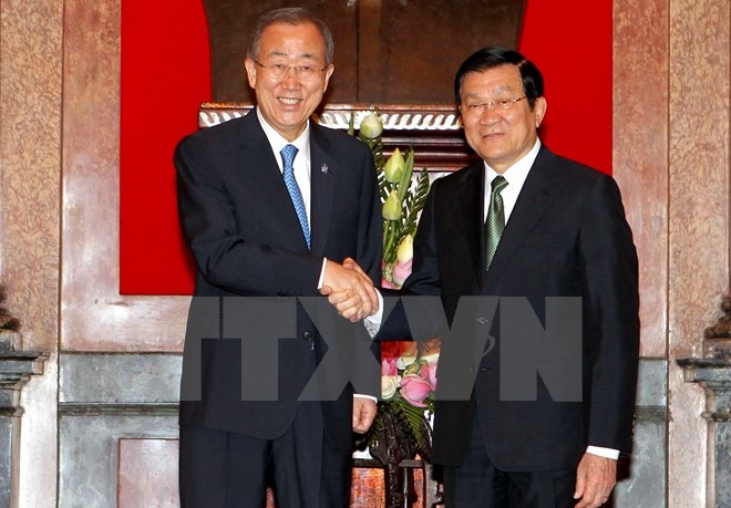 Chủ tịch nước Trương Tấn Sang đón, tiếp Tổng Thư ký Liên hợp quốc Ban Ki-moon. (Ảnh: Nguyễn Khang/TTXVN)