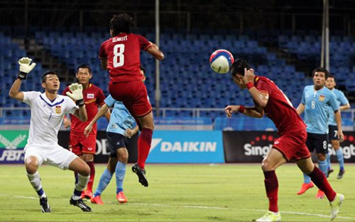 Trận U23 Thái Lan – U23 Lào với khán đài trống trơn phía sau.