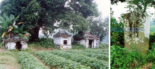 Ba miếu thờ các tượng Chăm (ảnh trái) và tấm bia Chăm còn nguyên vẹn tại phế tích Chămpa Hương Quế.