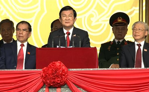 Chủ tịch Trương Tấn Sang đọc diễn văn trên lễ đài. Ảnh chụp qua màn hình.