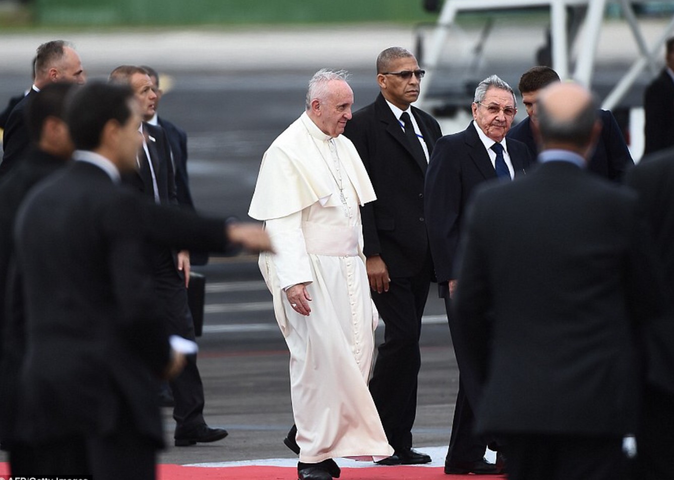 Pope Francis is welcomed by Cuban President Raul Castro upon landing at Havanas international airport on the first leg of a high-profile trip that will also take him to the United States  Read more: http://www.dailymail.co.uk/news/article-3241331/Pope-Francis-arrives-Havana-today-trip-Cuba-United-States-brokering-historic-detente-former-Cold-War-foes.html#ixzz3mEuIvdxk  Follow us: @MailOnline on Twitter | DailyMail on Facebook