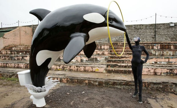 Banksy miêu tả con cá voi vọt lên từ bồn vệ sinh trưng bày ở công viên Dismaland.