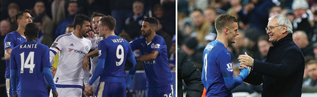 Chân sút Vardy (9) và HLV Ranieri đang giúp Leicester tạo nên câu chuyện cổ tích khi thắng Chelsea 2-1.  (Ảnh Internet)