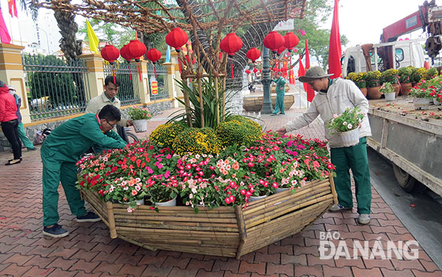 Công nhân Công ty Công viên-Cây xanh trang trí hoa tại vỉa hè đường Bạch Đằng. 
