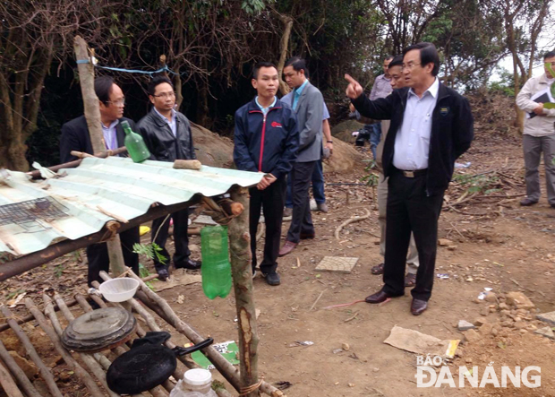 Phó Chủ tịch UBND thành phố Phùng Tấn Viết kiểm tra hiện trường vụ phá rừng chiều 1-3. 				          Ảnh: NGỌC ĐOAN