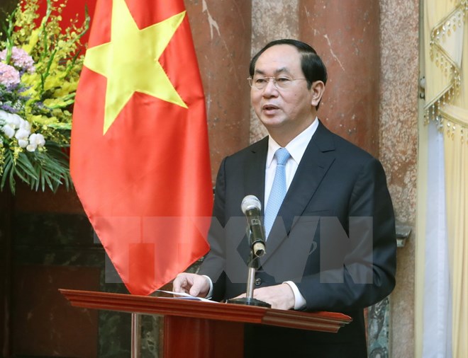 Chủ tịch nước Trần Đại Quang phát biểu tại buổi gặp mặt. (Ảnh: Nhan Sáng/TTXVN)