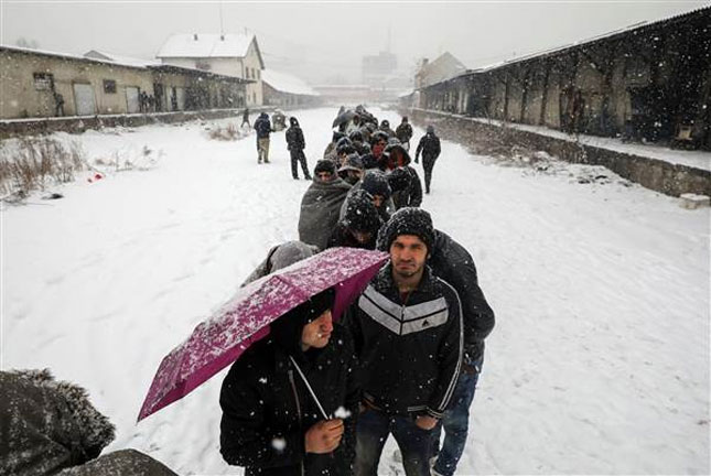 Dòng người tỵ nạn xếp hàng trong băng giá để chờ nhận lương thực ở Belgrade (Serbia)…