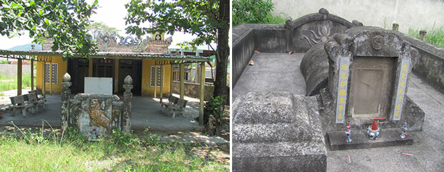Đình Nại Hiên Đông (ảnh trái) và ngôi mộ cổ bên cạnh đình. Ảnh: T.M