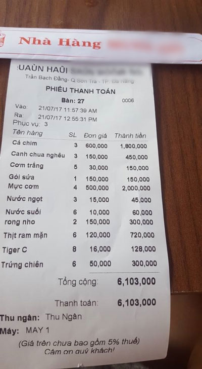 Phiếu tính tiền mà chị Đào Thị Thu Hiền đăng tải trên trang mạng xã hội Facebook.