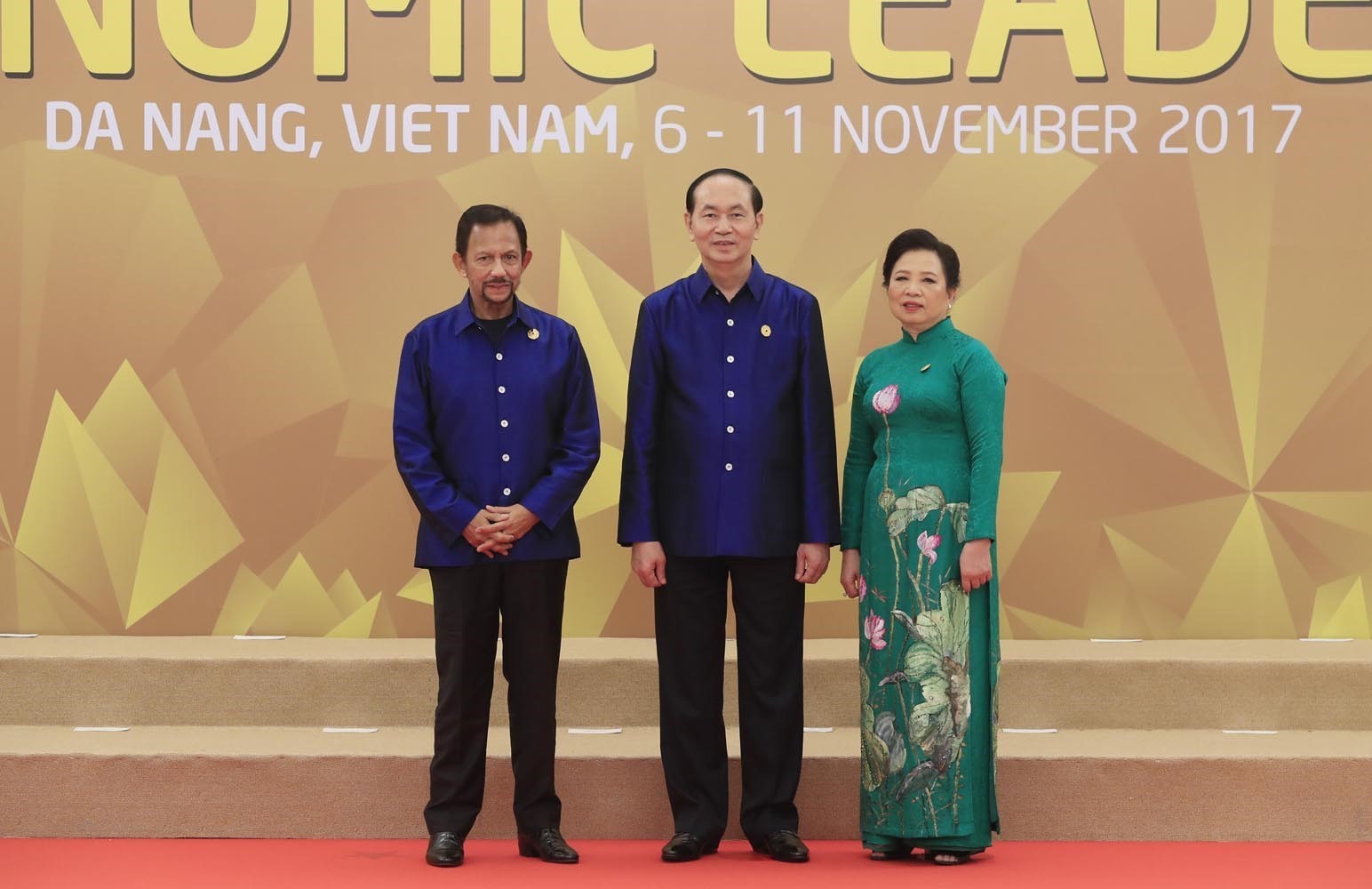 Chủ tịch nước Trần Đại Quang và Phu nhân đón Quốc vương Brunei Hassanal Bolkiah tới dự chiêu đãi. (Ảnh: TTXVN)