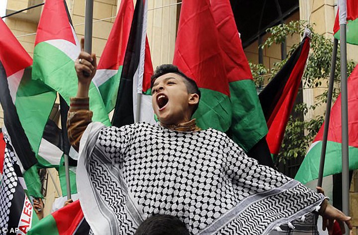 Một cậu bé thể hiện tình đoàn kết với người dân Palestine ở Beirut, Lebanon. Ảnh: AP.