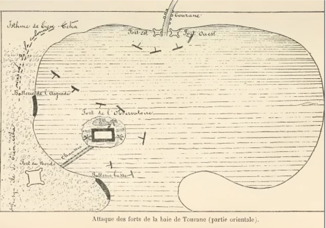 Sơ đồ vẽ tay của Đại tá Ponchalon về các vị trí tấn công và cuộc hành quân trên eo đất nối bán đảo Sơn Trà với đất liền ngày 1-9-1858.  Ảnh: N.Q.T.T