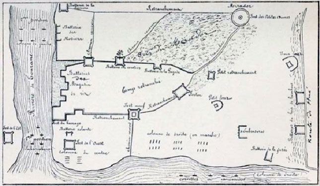 Sơ đồ vẽ tay của Đại tá Ponchalon về các vị trí của liên quân Pháp-Tây Ban Nha và phòng tuyến của quân triều Nguyễn trên tả ngạn sông Hàn ngày 8-5-1859.               (Ảnh NQTT chụp lại)