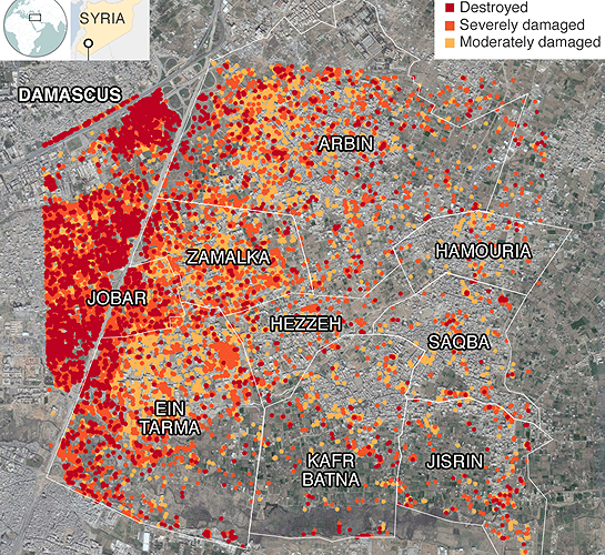 Đồ họa trên ảnh vệ tinh về mức độ tàn phá ở Đông Ghouta. Khu vực màu đỏ là bị hủy diệt hoàn toàn, màu da cam là hư hại nặng và màu vàng là hư hại nhẹ.