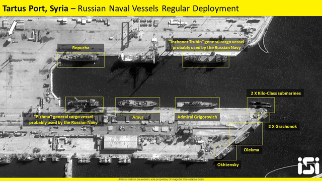 Ảnh vệ tinh của ISI phát hiện Nga chuyển hàng loạt tàu chiến khỏi cảng Tartus (Ảnh: ISI)