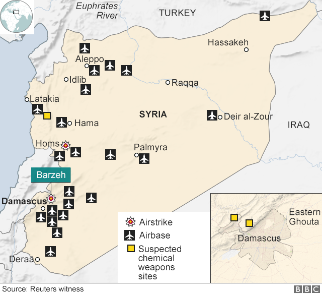 Bản đồ vị trí các mục tiêu tấn công của liên minh Mỹ - Anh - Pháp (Đồ họa: BBC)
