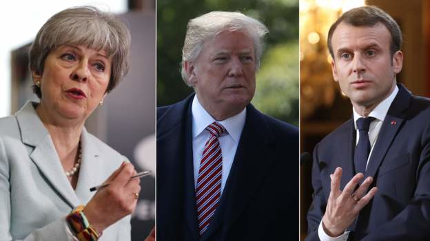 (Từ trái sang phải) Thủ tướng Anh Theresa May, Tổng thống Mỹ Donald Trump và Tổng thống Pháp Emmanuel Macron (Ảnh: Getty)