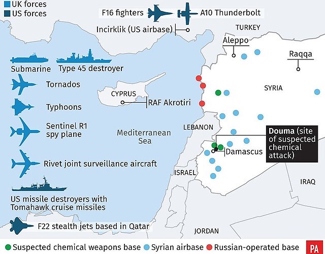 Hỏa lực của Mỹ và Anh trong chiến dịch tấn công quân sự răn đe Syria sau cáo buộc tấn công dân thường bằng vũ khí hóa học. Ảnh: Daily Mail.