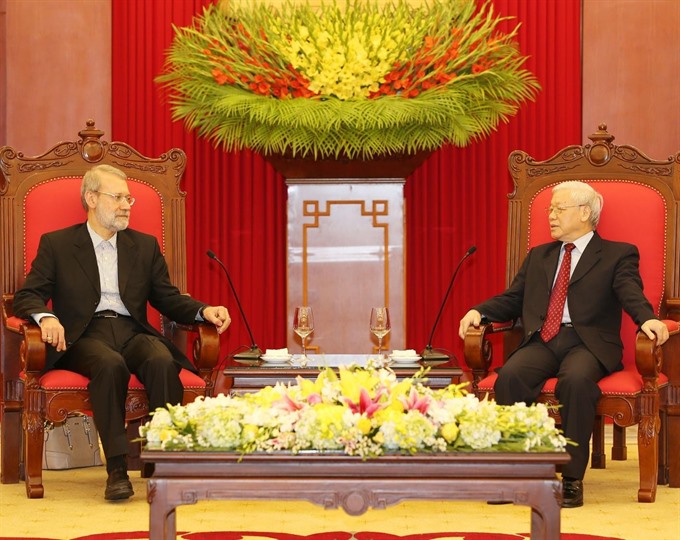 Party General Secretary Nguyễn Phú Trọng (right) receives Speaker of the Parliament of Iran Ali Ardeshir Larijani in Hà Nội. — VNA/VNS Photo Trí Dũng Read more at http://vietnamnews.vn/politics-laws/law-justice/426456/viet-nam-wants-to-bolster-traditional-ties-with-iran-party-chief.html#XffEp4cC3aVYoy0P.99