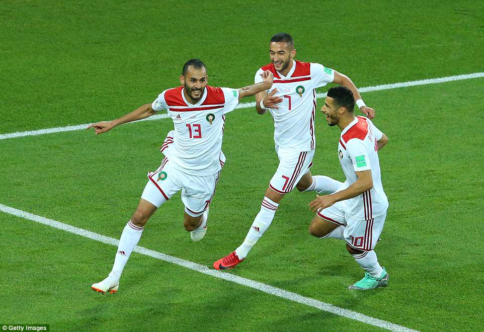 Bàn thắng mở tỉ số đã khích lệ tinh thần của các cầu thủ Morocco. Ảnh: