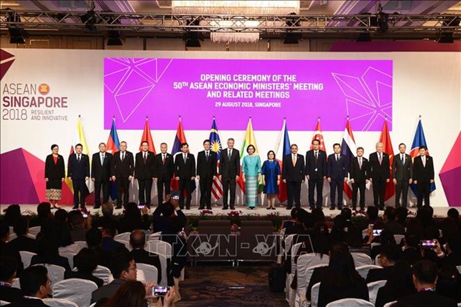 ASEAN economic leaders take photo at the event (Photo: Xinhua/VNA)