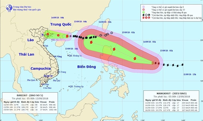 The directions of the tropical low-pressure system and super typhoon Mangkhut. — Photo nchmf.gov.vn