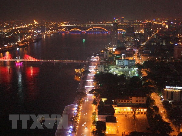 An aerial view of Da Nang city at night