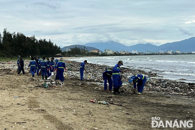 Ngày 19-12, Công ty CP Môi trường đô thị Đà Nẵng tiếp tục huy động công nhân thu gom rác tấp vào bãi biển. Ảnh: HOÀNG HIỆP