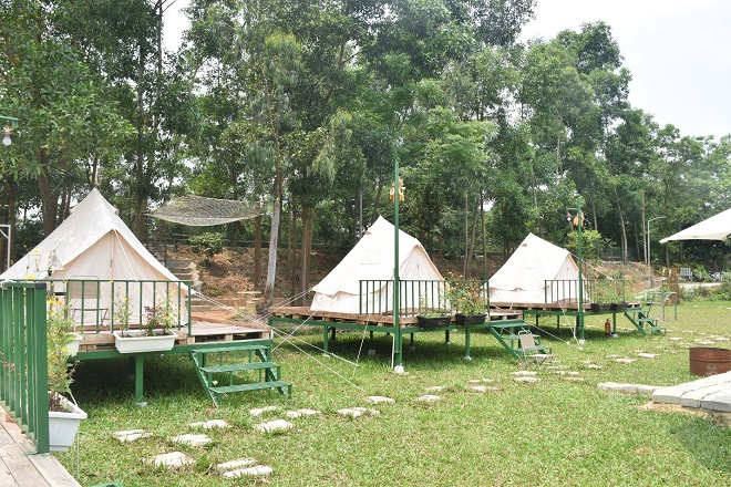 Những căn lều nổi bật trên bãi cỏ xanh là điểm check-in lý tưởng cho du khách.