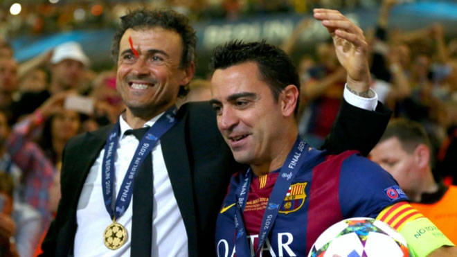 Xavi và Enrique thời còn ở Barca. Ảnh: Getty