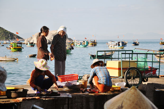 Từ sáng sớm ngư dân ở Bãi Làng đã bày bán những sản phẩm được đánh bắt từ đại dương.