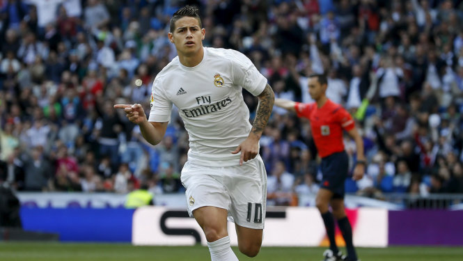 Niềm vui của James Rodriguez sau khi mở tỉ số cho Real Madrid. Ảnh: Reuters