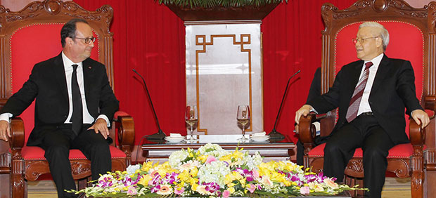 Tổng Bí thư Nguyễn Phú Trọng tiếp Tổng thống Cộng hòa Pháp Francois Hollande thăm cấp Nhà nước Việt Nam tại Trụ sở Trung ương Đảng. Ảnh: TTXVN