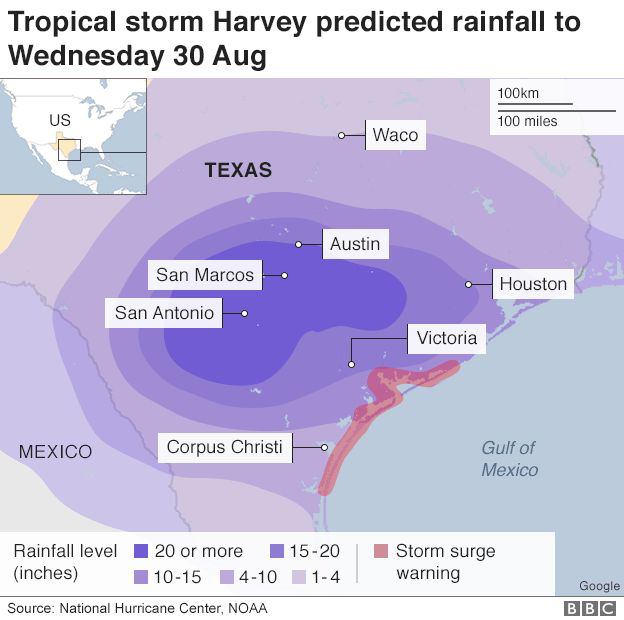 Sơ đồ cho thấy dự báo mưa gây ra do bão Harvey tại bang Texas đến ngày 30/8 (Đồ họa: BBC)