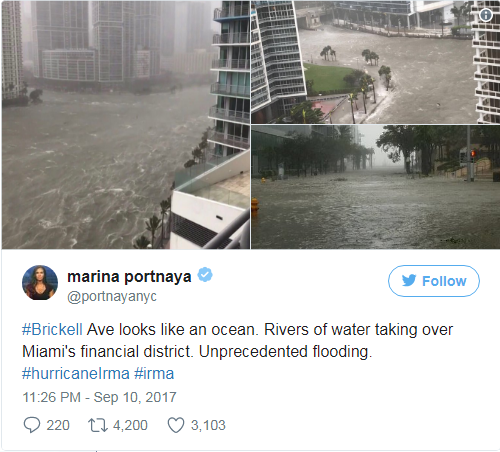 Phóng viên Marina Portnaya đăng các bức ảnh chụp khu vực Brickell ngập trong biển nước với dòng chú thích: 