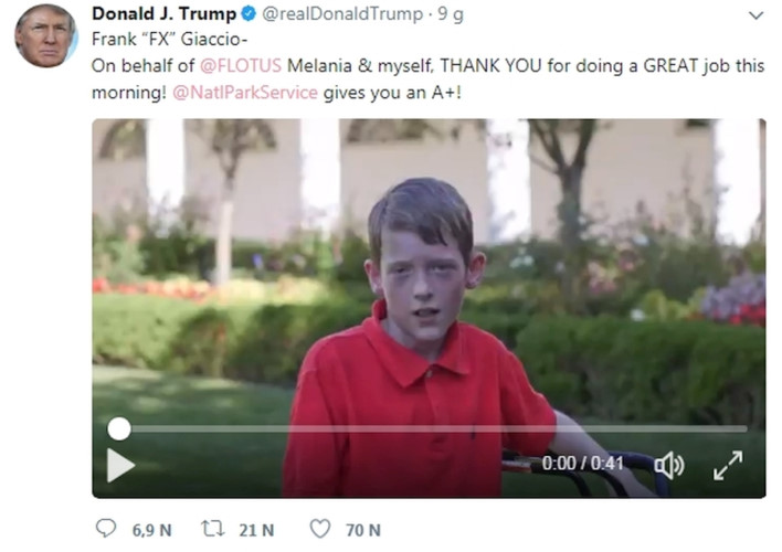 Bản thân Tổng thống Donald Trump cũng ưu ái đăng một đoạn video về Giaccio lên trang Twitter của mình kèm theo lời cảm ơn chân thành đến cậu bé./.