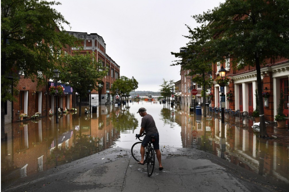 Một người đi xe đạp quay đầu trước Phố King ngập nước thủy triều ở Alexandria, bang Virginia.. Ảnh: The Washington Post