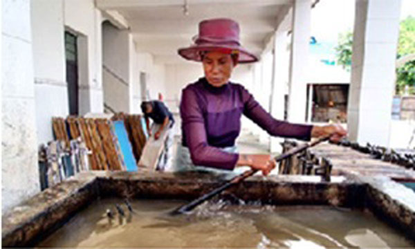 Một người dân làng Mãn Triệu ngâm vỏ cây để làm giấy xứ Đại.