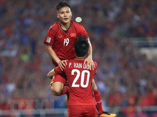 Nguyen Quang Hai (Number 19) opened the scoring for Viet Nam at the 83rd minute (Photo: VNA)