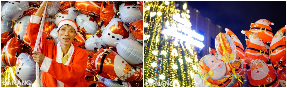  A vendor selling animal-shaped balloons for kids getting dressed in Santa Claus costume